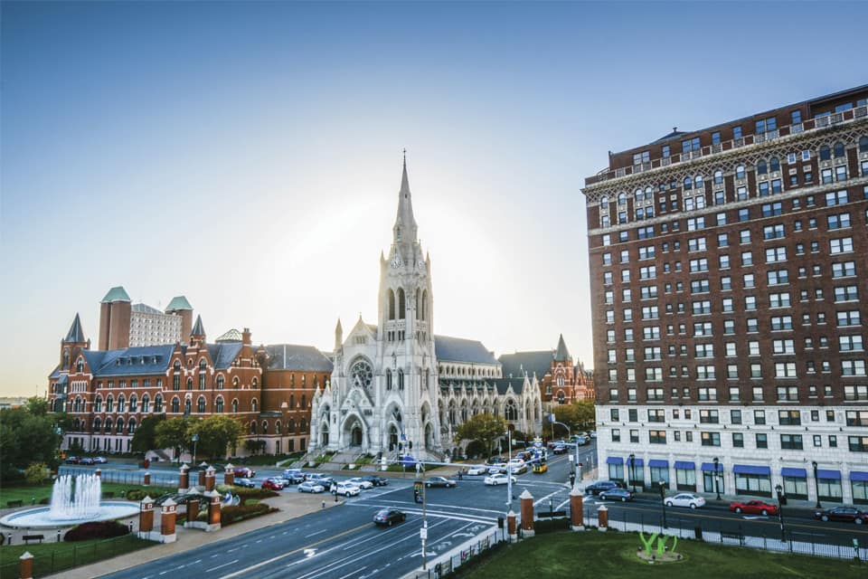 College Church Dubourg at Sunset Aerial View