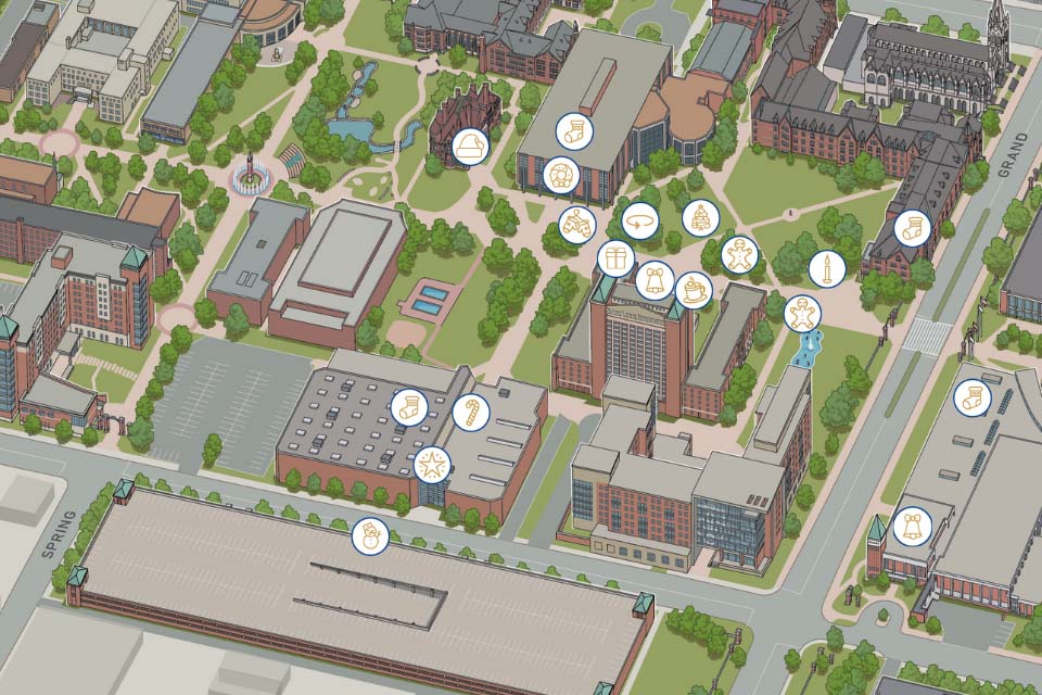 Illustrated map of the northwestern part of SLU's campus with icons showing the locations of attractions at Christmas on the quad. Bathrooms are at DuBurg Hall, the CGC and Bush Student Center. Check in, bounce houses and mug pick up are at Simon Recreation Center. Parking is in Laclede Garage. The tree lighting is on the quad. Food trucks/cheer garden are near Griesedieck Hall. Crafts are near DuBourg. Fire pits are between DuBourg and Griesedieck. Hot chocolate is in front of Griesedieck Hall.