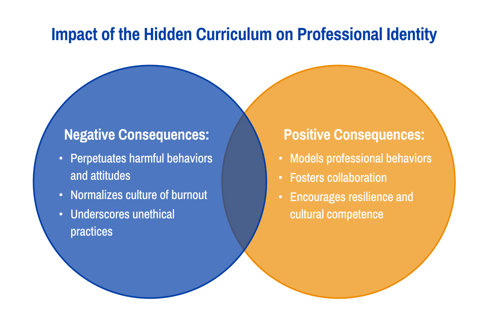 Impact of the Hidden Curriculum on Professional Identity including Negative Consequences such as Harmful Behaviors, Burnout, and Unethical Practices and Positive Consequences such as Professional Behavior, Collaboration, and Resilience