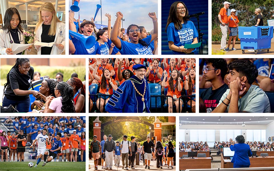 A collage of colorful photos showing SLU students