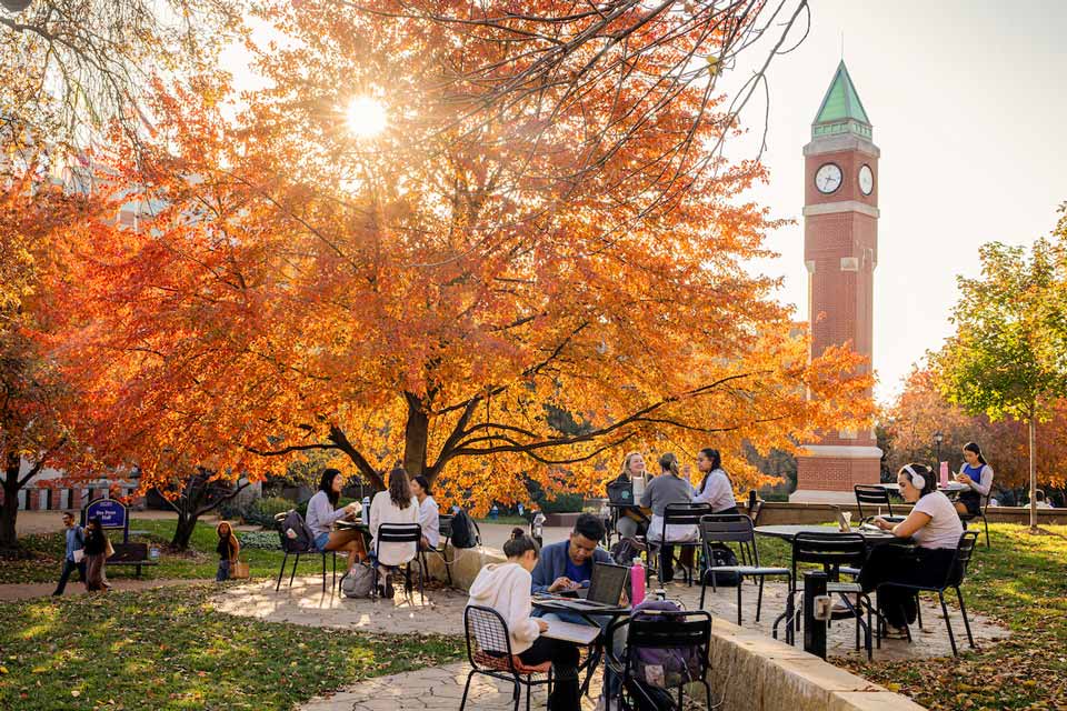 Students study outside near the clock tower. The sun shines through the red leaves of a nearby tree. Students study outside near the clock tower. The sun shines through the red leaves of a nearby tree.