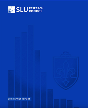 The cover of the 2021 SLU Research Institute Impact Report featuring a blue chart and a blue version of the SLU logo. The words "Saint Louis University Research Institute" are written in white in the top left corner alongside a white spark. 